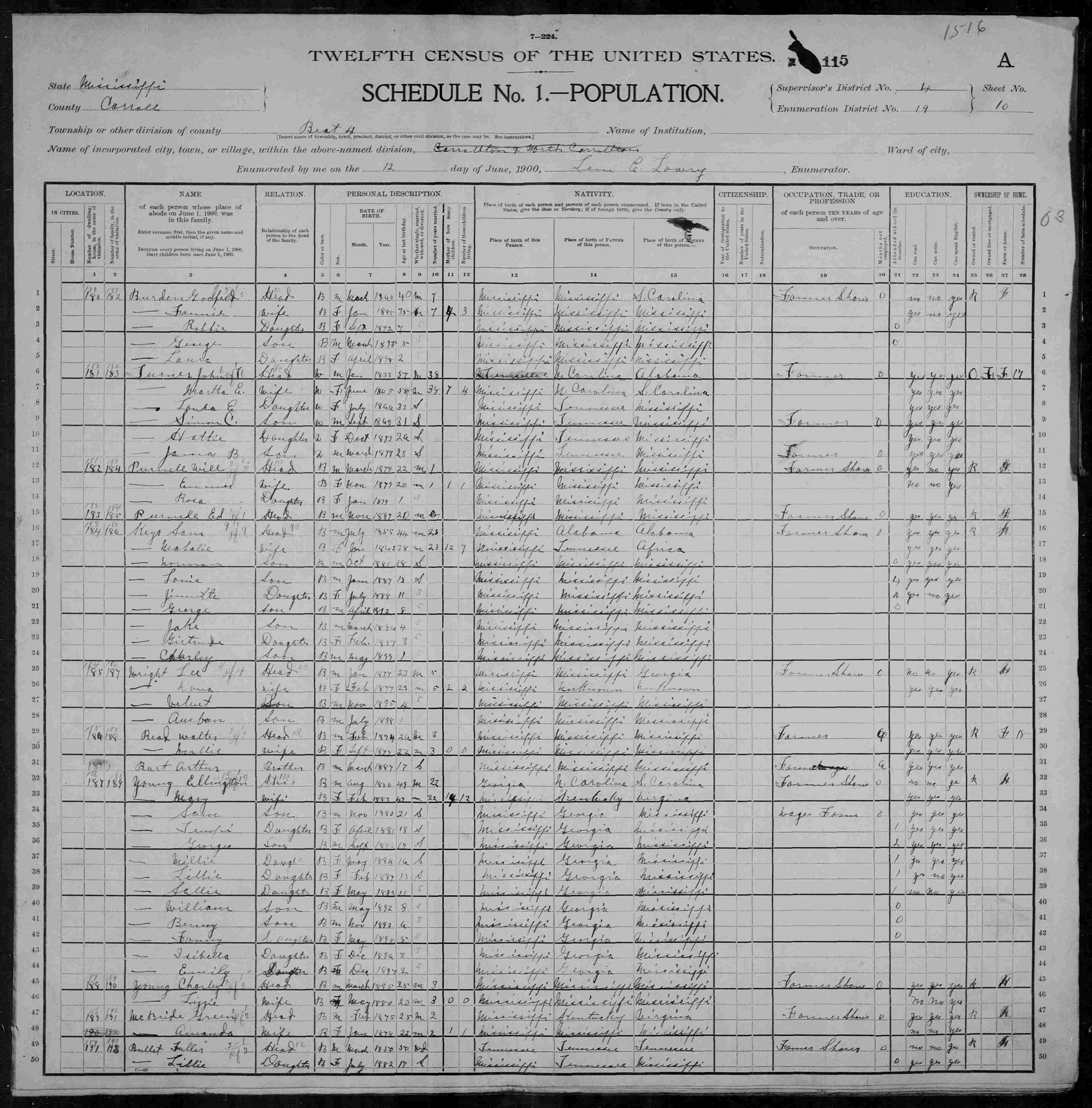 United States Census 1900 Mississippi Carroll ED 19 Beat 4 Carrollton and North Carrollton towns