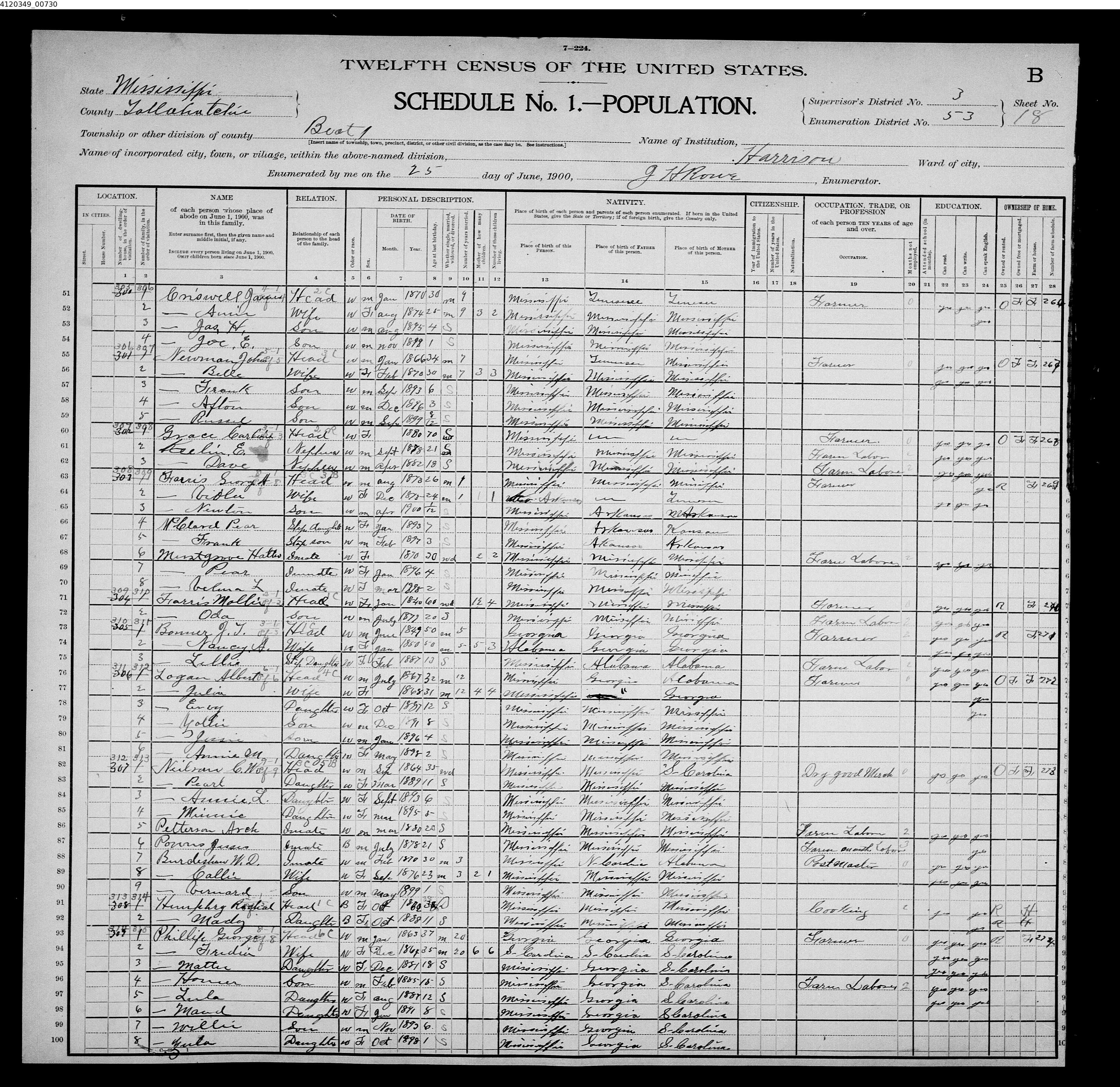 United States Census, 1900 Mississippi Tallahatchie ED 53 Beat 1 Harrison town
