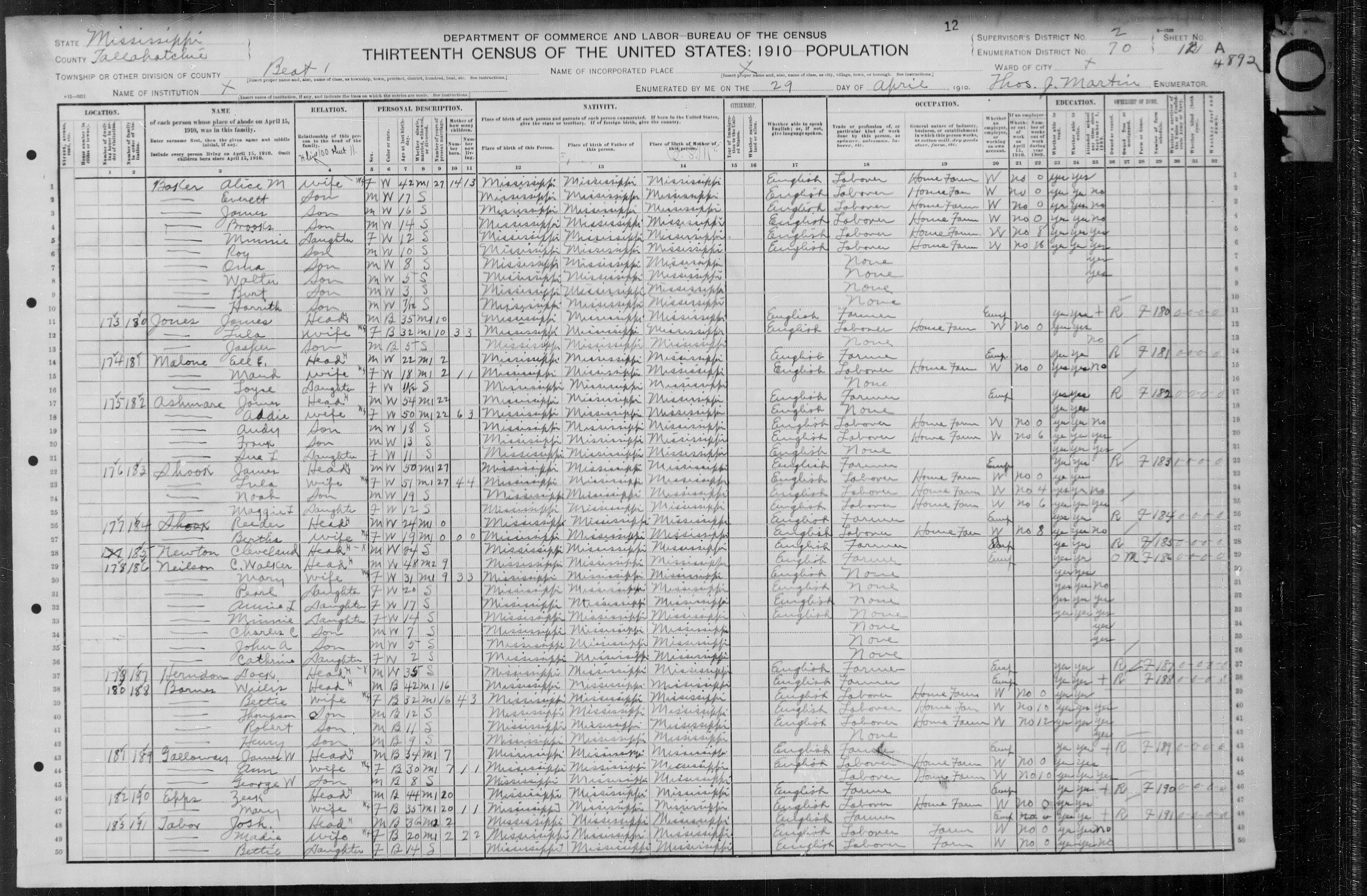 United States Census, 1910 Mississippi Tallahatchie Beat 1 ED 70