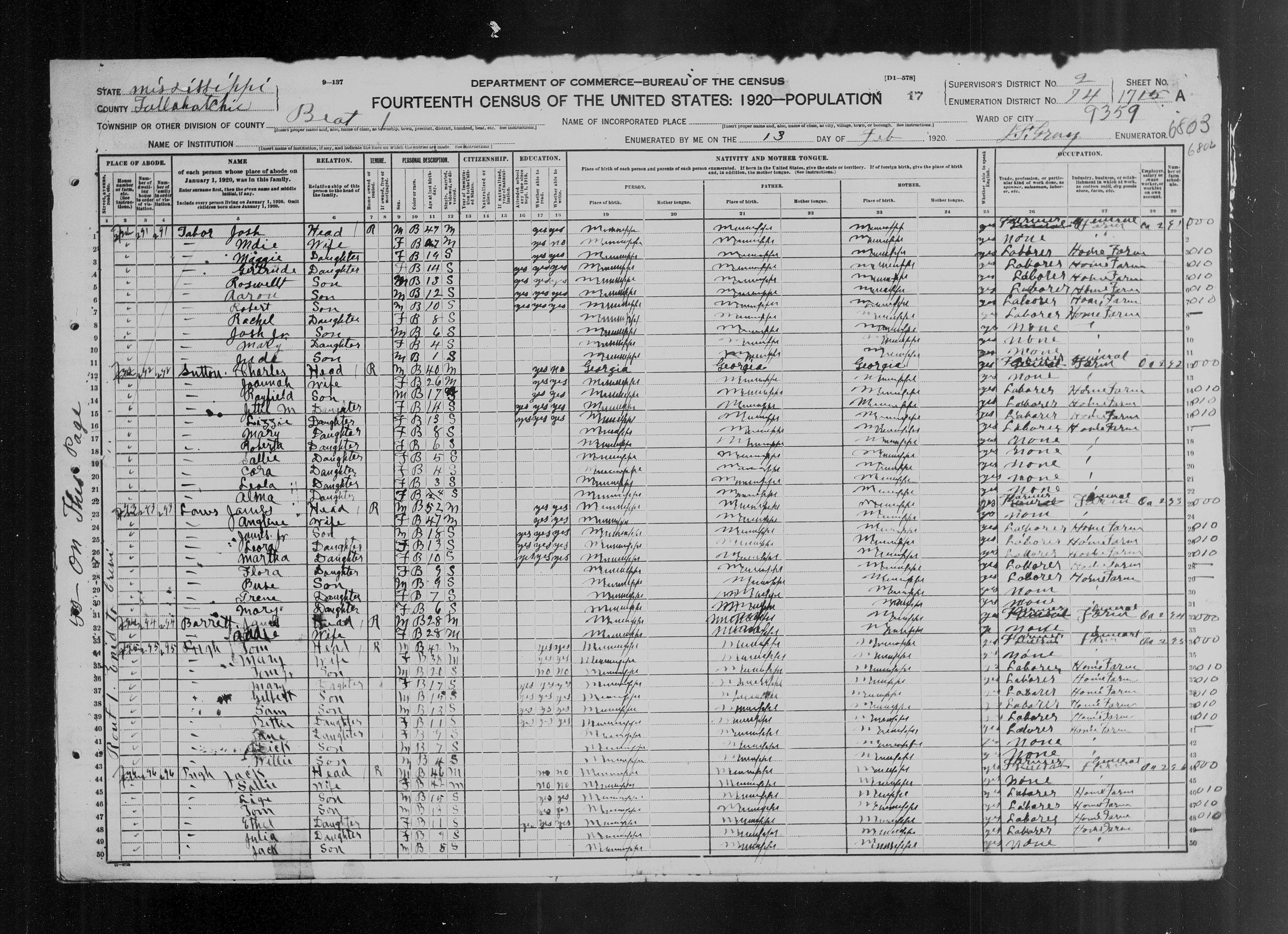 United States Census 1920 Mississippi Tallahatchie Beat 1 ED 74