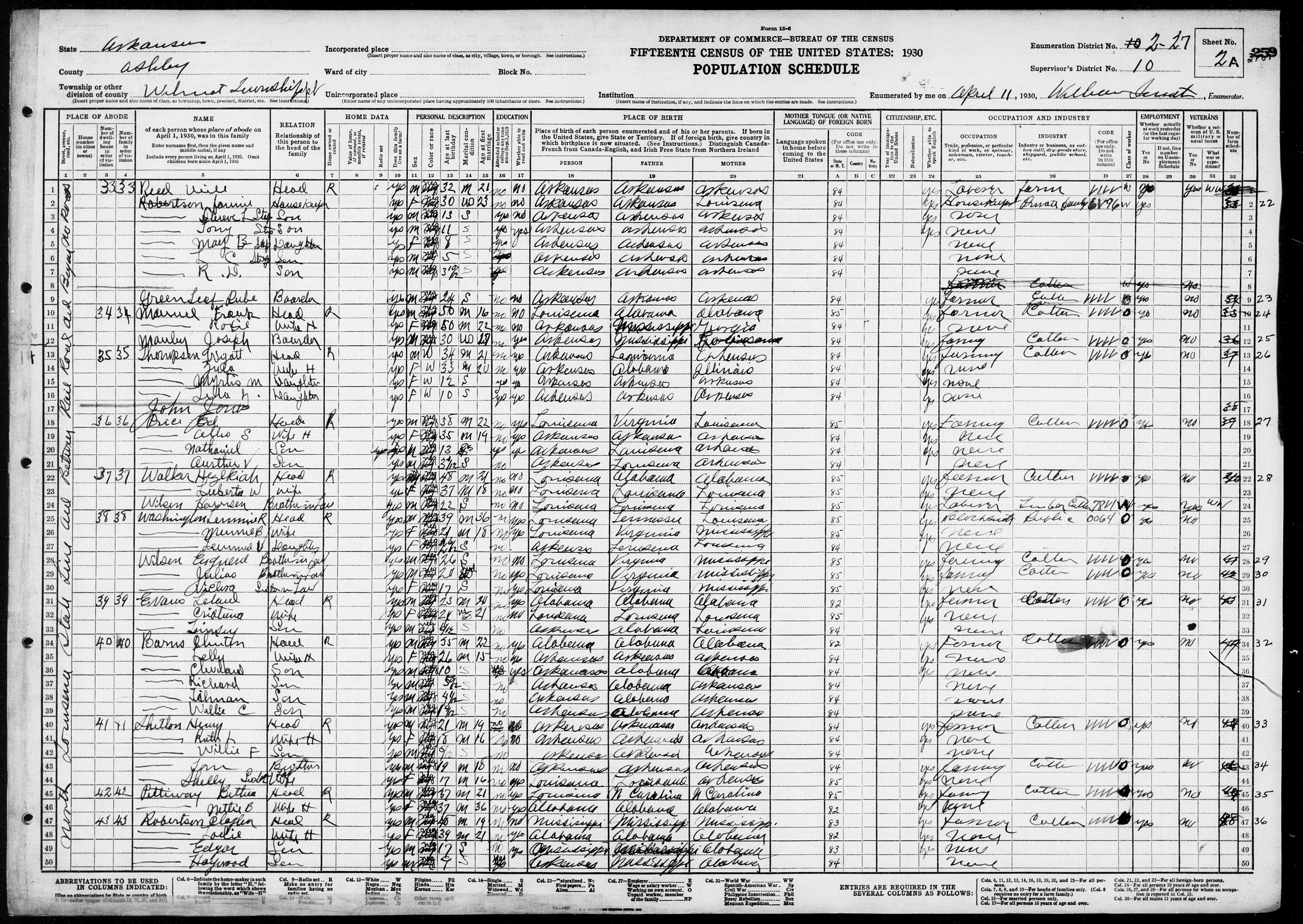 United States Census 1930 Arkansas Ashley Wilmot ED 27